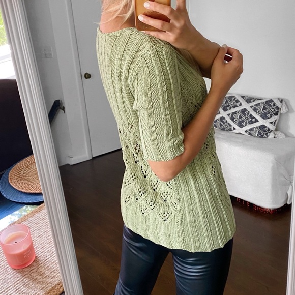 🌿 CASUAL GREEN CROCHET KNIT SHIRT SLEEVE TOP! - Picture 5 of 10